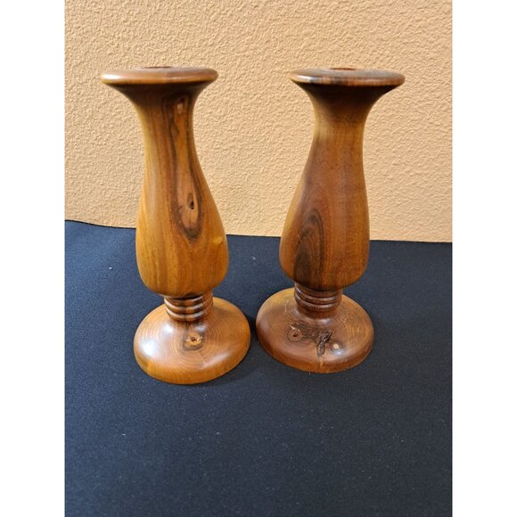 Vintage Hand-Turned Wooden Candlestick Holders - Picture 2 of 7